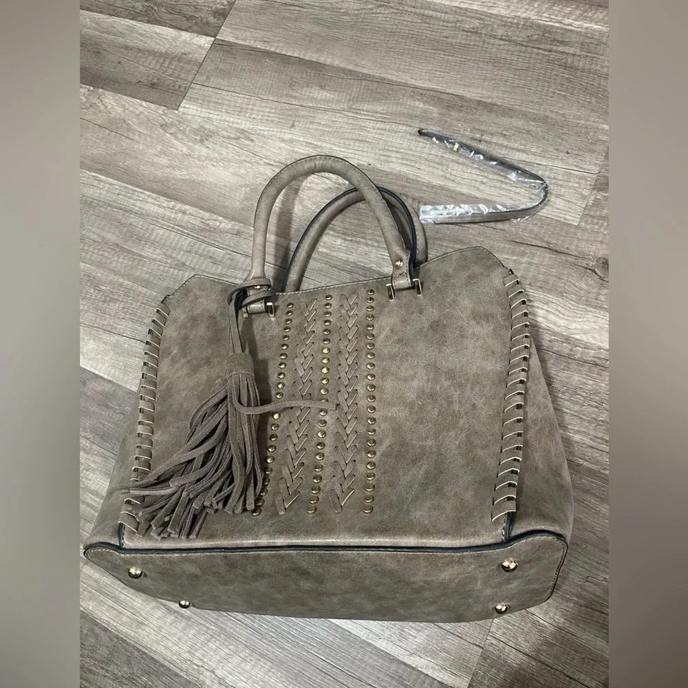 Westerncore nude tan satchel bag embellished fringe cowboy faux leather large - Picture 2 of 11